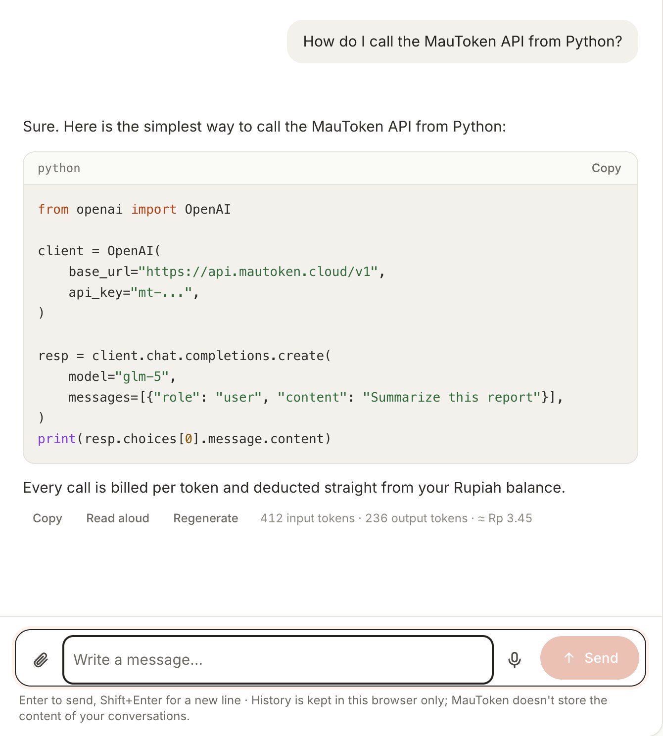 A MarkasAI chat conversation: a question, an answer with a Python code sample, and the message box